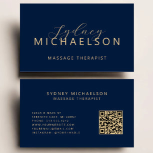 Carte De Visite Thérapeute de Massage Élégant Code QR Bleu Nuit Or