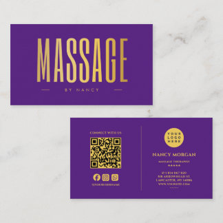 Carte De Visite Thérapeute en massage Violet Et Or Code QR Et Logo