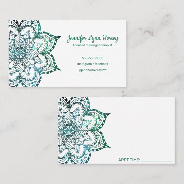 Carte De Visite Thérapie de massage de mandala Turquoise Boho (Devant / Derrière)