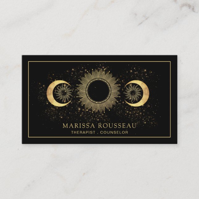 Carte De Visite Thérapiste céleste Gold Black Sun Moon Conseiller (Devant)