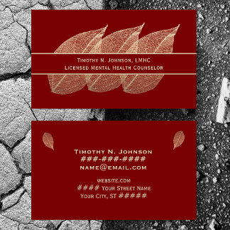 Carte De Visite Three Golden Leaves on Maroon Counselor Therapist