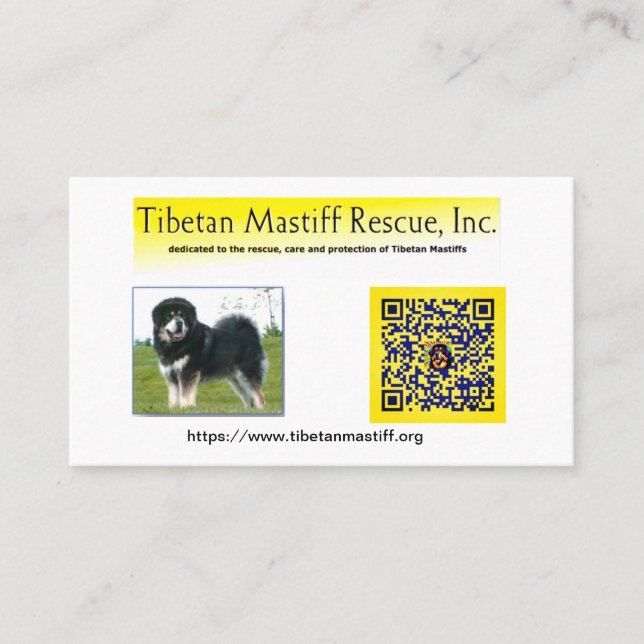 Carte De Visite Tibétain Mastiff Secourt, Inc. Information Busines (Devant)