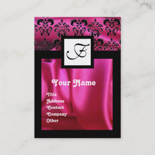 CARTE DE VISITE TISSU EN SOIE FUCHSIA ROSE DE DAMASSÉ, MONOGRAMME