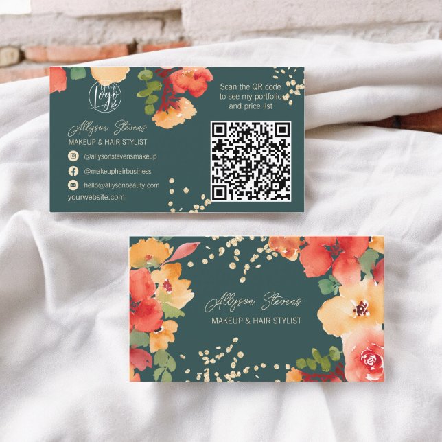 Carte De Visite Titre turquoise en or de maquillage de cheveux fle (Bold fall floral gold makeup hair logo qr code business card on teal)