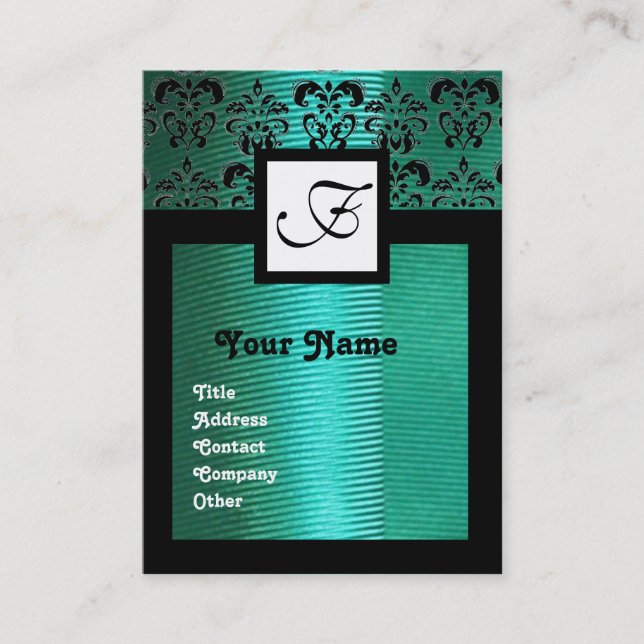 CARTE DE VISITE TOILE DE DOMMASQUE VERT BLEU, MONOGRAMME CARRÉ (Devant)