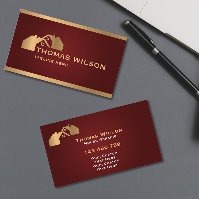 Carte De Visite Toit de menuiserie de construction professionnelle (modern carpenter handyman business cards with burgundy background and gold rooftops)