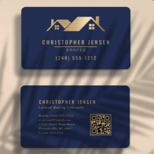 Carte de visite Toiture Code QR Bleu marine Or Arr