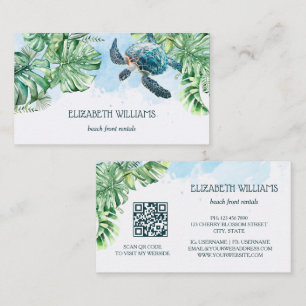Carte De Visite Tortue à l'aquarelle Feuilles Tropicales