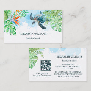 Carte De Visite Tortue à l'aquarelle Feuilles Tropicales