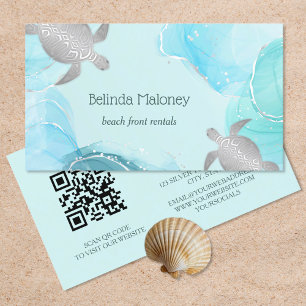 Carte De Visite Tortue Argent Encre Bleue Code QR Côté Mer
