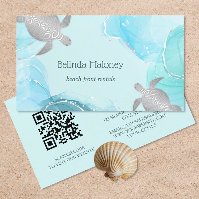 Carte De Visite Tortue argentée Code QR à encre bleue Côtière (Créateur téléchargé)