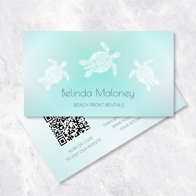 Carte De Visite Tortue blanche turquoise Scan Code QR (Créateur téléchargé)