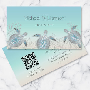Carte De Visite Tortue de mer argentée   Code QR côtier