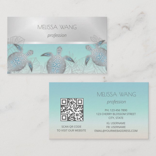 Carte De Visite Tortue de mer argentée | Code QR côtier (Devant / Derrière)
