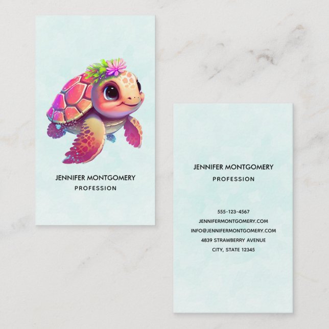 Carte De Visite Tortue de mer rose Whimsical & mignon (Devant / Derrière)
