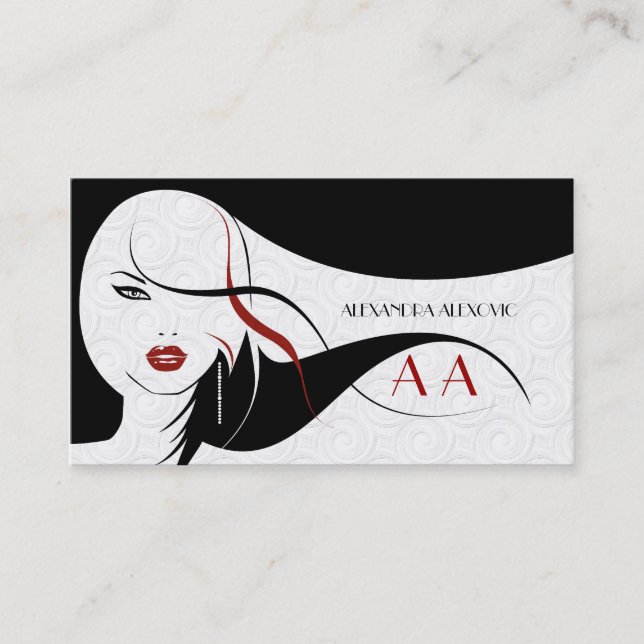 Carte De Visite Touche Noir & Blanc De Modèle De Beauté Rouge (Devant)