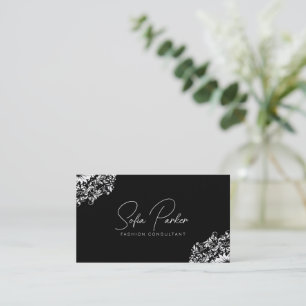 Carte De Visite Tourbillon floral blanc sur noir