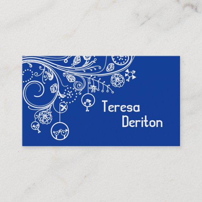 Carte De Visite Tourbillons et oiseaux floraux modernes bleu (Devant)