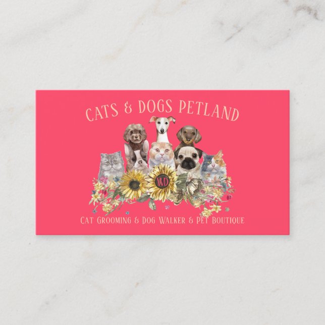Carte De Visite Tournesol Neon rose chien Walker Cat Groomer anima (Devant)