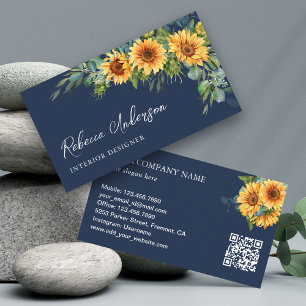 Carte De Visite Tournesol rustique Eucalyptus Navy bleu QR Code