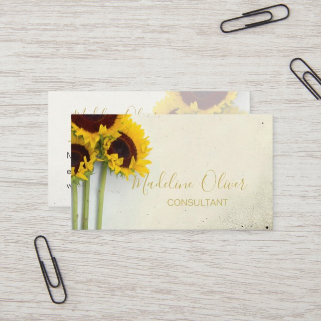 Carte De Visite Tournesol Rustique moderne QR Code élégant Or (Devant/Arrière en situation)