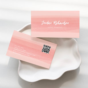 Carte De Visite Trace de brosse moderne Pêche rose avec code QR