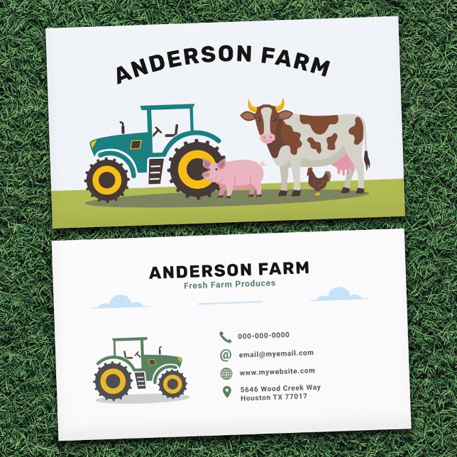 Carte De Visite Tracteur, vache, porc et poulet - Ferme (Tractor, Cow, Pig and Chicken - Farm Business Card)