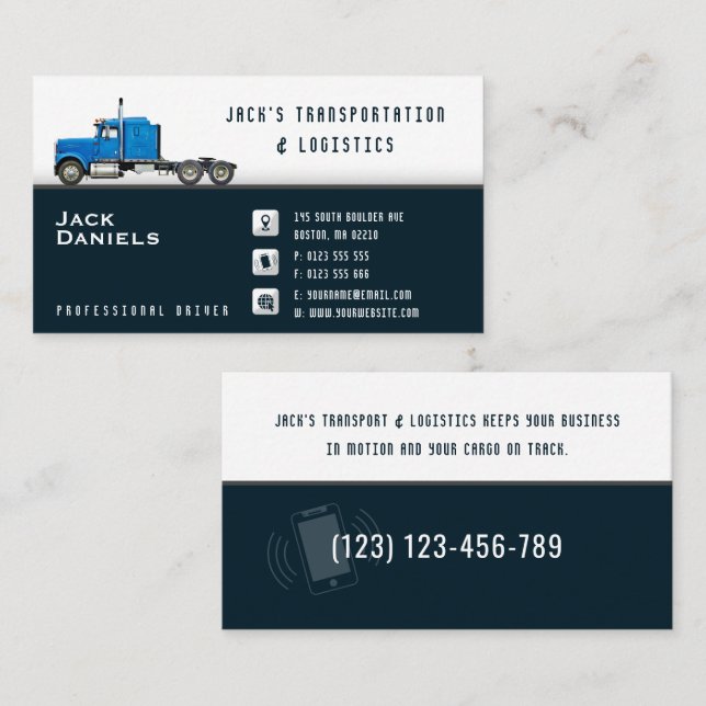 Carte De Visite Transport et logistique | Camion bleu  (Devant / Derrière)
