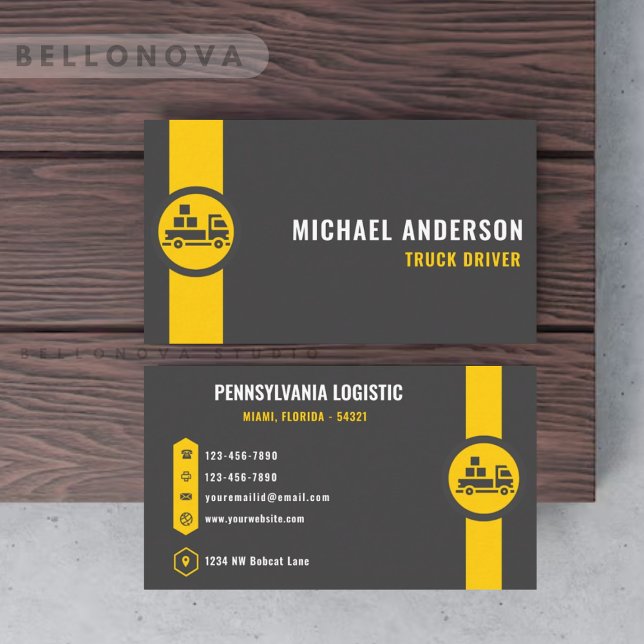 Carte De Visite Transport personnalisé gris foncé noir jaune (Custom Dark Grey Black Yellow Transportation Business Card)