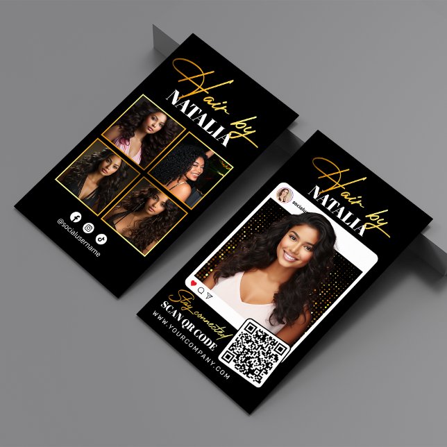 Carte De Visite Trendy Black Gold Sparkle Photo Hairstylist (Créateur téléchargé)
