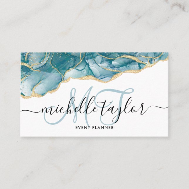 Carte De Visite Trendy Blue Gold Monogram Maquillage Artiste Coiff (Devant)