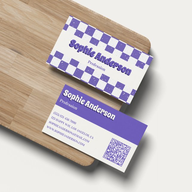 Carte De Visite Trendy Purple Retro Check Pattern with QR Code (Créateur téléchargé)