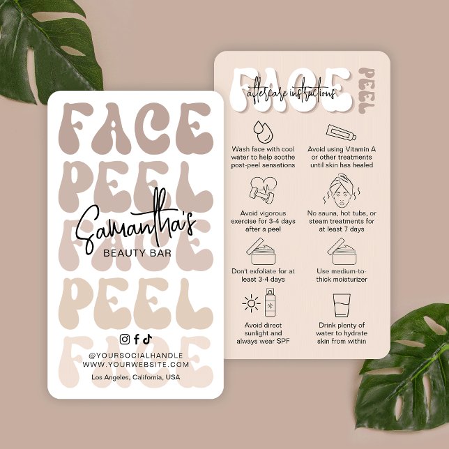 Carte De Visite Trendy Retro Beige Chimique Visage Peel Aftercare (Trendy face peel after care instructions business cards with icons and retro fonts)