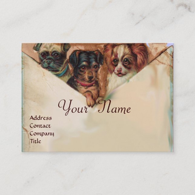 Carte De Visite TROIS DOGGIES AVEC ROSES, Parchemin, Monogramme (Devant)
