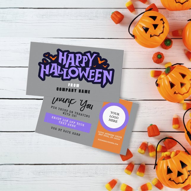 Carte De Visite Tronc gris ou traiter le coupon d'Halloween (Halloween Discount Coupon Business Cards Pack of 100 in Orange, Purple and Grey and Black)
