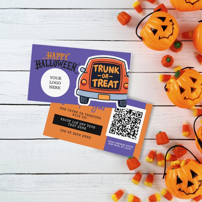 Carte De Visite Tronc ou traiter le coupon d'Halloween (Trunk or Treat Halloween Coupon Business Cards Pack of 100 in Orange, Purple, Grey and Black)