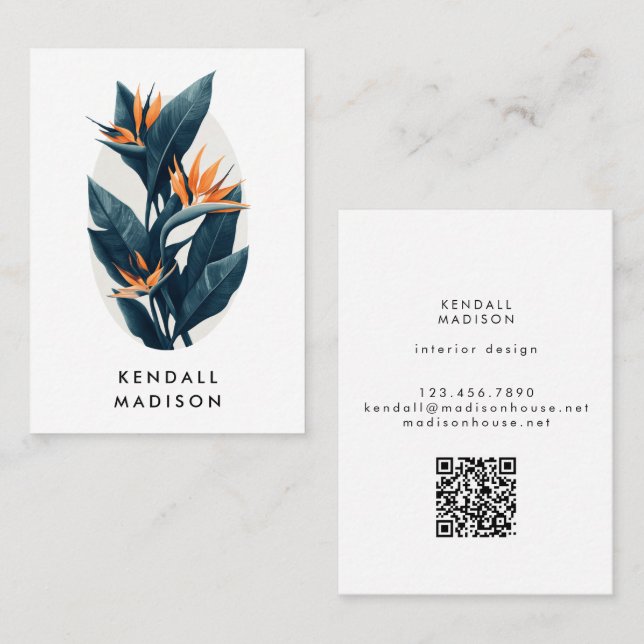 Carte De Visite Tropical Foliage Botanique Moderne QR Code (Devant / Derrière)