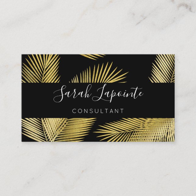 Carte De Visite Tropical Gold & Black Palm Feuille Design élégant  (Devant)