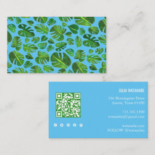 Carte De Visite Tropical Monstera Leaf QR Code Social Media Chic
