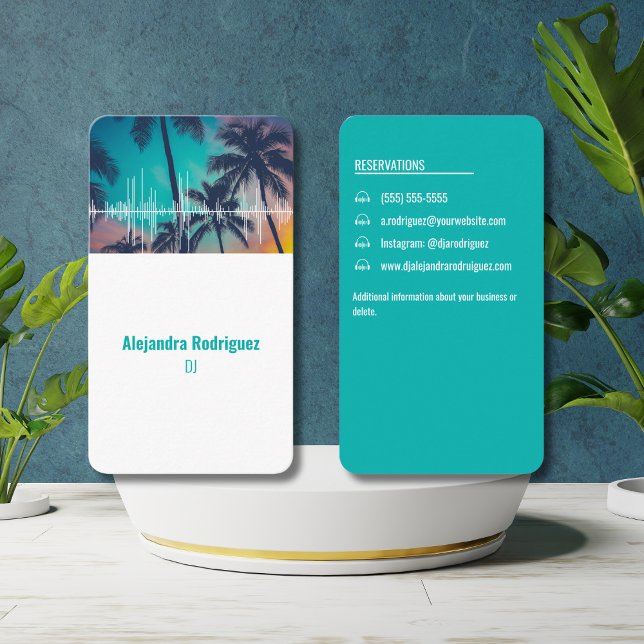 Carte De Visite Tropical Palm Trees Sound Waves battre DJ Turquois (Créateur téléchargé)