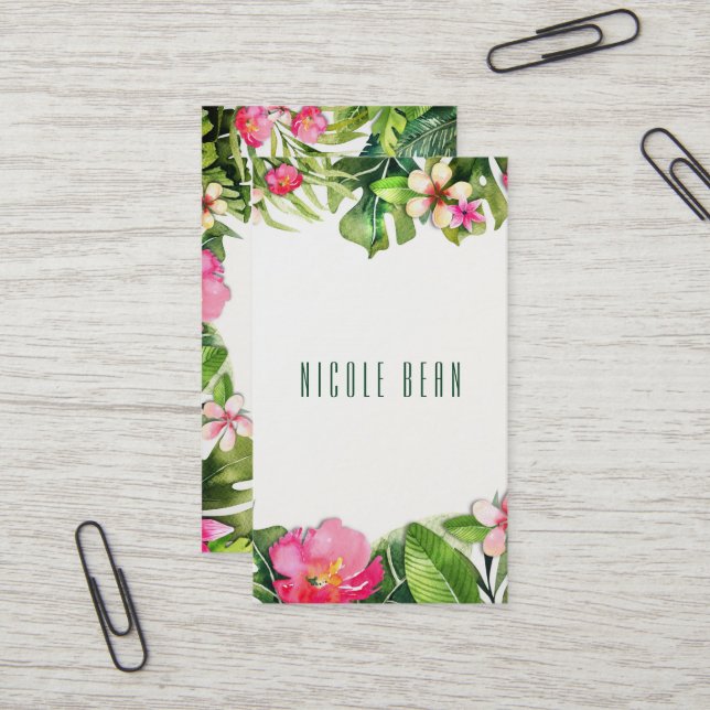 Carte De Visite Tropiques Élégants Feuilles Vertes Floral Aquarell (Devant/Arrière en situation)