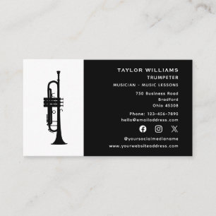 Carte De Visite Trumpeter Trumpet Noir et blanc Professeur de musi