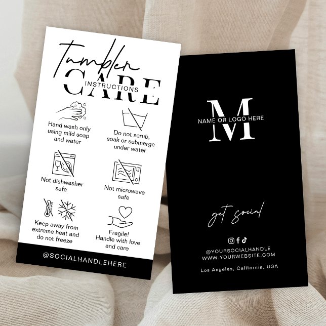 Carte De Visite Tumbler Cup Care Instructions Minimalist Logo (Minimalist tumbler & cups care cards with icons - you can edit all colors and add your brand info)