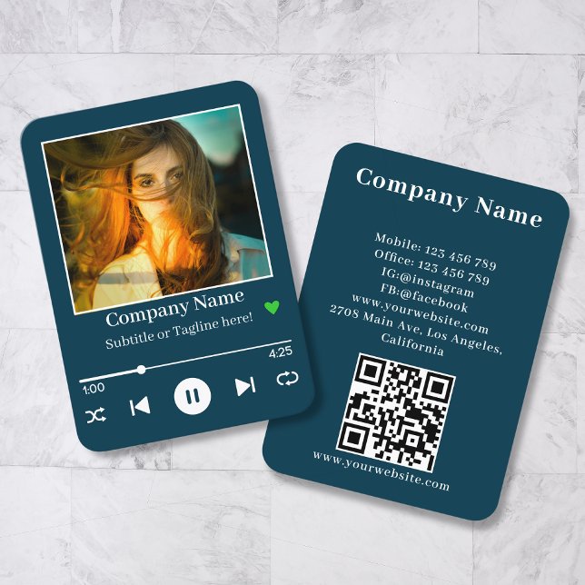 Carte De Visite Turqouise moderne QR Code Music Player Chanson Pho (Créateur téléchargé)
