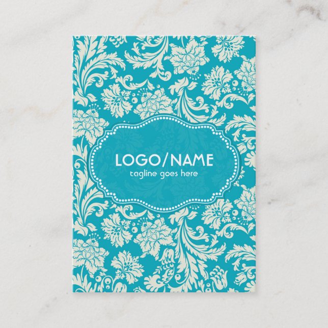 Carte De Visite Turquoise & Blanc Floral Damas Customisé (Devant)