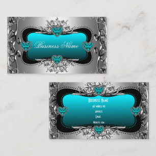 Carte De Visite Turquoise Bleu Argent Diamant Coeurs d'image éléga