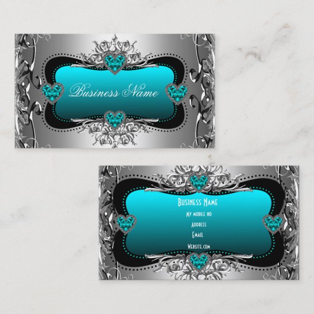 Carte De Visite Turquoise Bleu Argent Diamant Coeurs d'image éléga (Devant / Derrière)