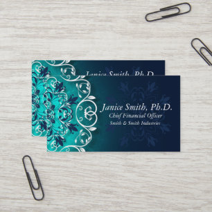 Carte De Visite Turquoise, Bleu Et Blanc Fleurs Mandala