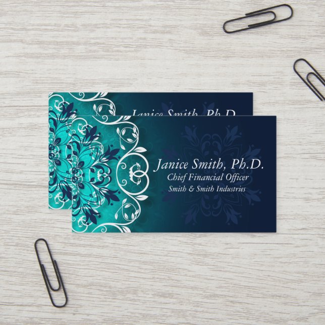 Carte De Visite Turquoise, Bleu Et Blanc Fleurs Mandala (Devant/Arrière en situation)
