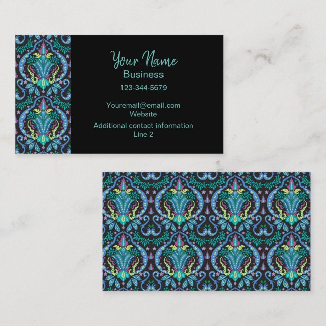 Carte De Visite Turquoise Bleu Moderne Damas Art Graphique Floral (Devant / Derrière)
